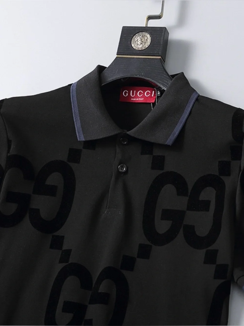 Gucci Black Polo with Tonal GG Jacquard and Navy Trim